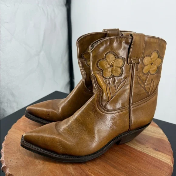 vintage flower inlay ankle western boots brown leather short cowgirl boho sz 7.5 - Picture 5 of 10